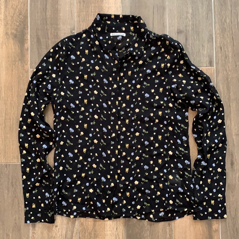 Reformation Black Sheer Floral Button-Up Blouse - Picture 5 of 7